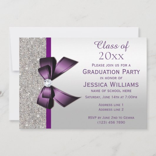 Classy Lila Gem Bow, Silver Sequins Abschluss Einladung (Vorderseite)
