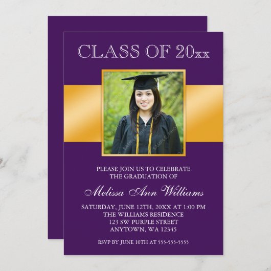 Classy Lila Gold Foto Abschluss Ankündigung (Vorne/Hinten)