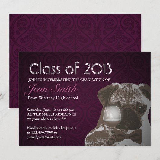 Classy Lila Mops & Weinstube Einladung (Vorne/Hinten)