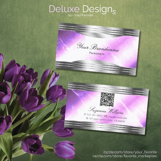 Classy Lilac Silver Shimmer Grenzen mit QR Code Visitenkarte