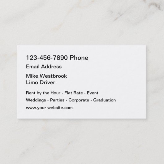 Classy Limousine Rental Driver Visitenkarte (Rückseite)