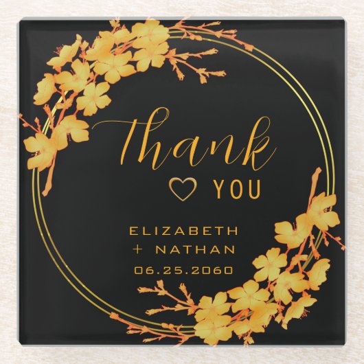 Classy Luxury Black Gold Floral Wedding Vielen Dan Glasuntersetzer (Vorderseite)