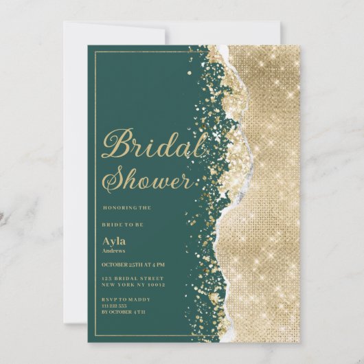 Classy luxury green gold glitter Bridal Shower Einladung (Vorderseite)