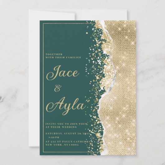 Classy luxury green gold glitter Wedding Einladung (Vorderseite)