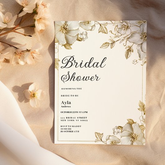 Classy luxury white and gold floral Bridal Shower Einladung