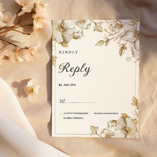 Classy luxury white and gold floral RSVP Einladung