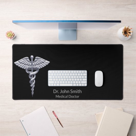 Classy Medical Caduceus Silver on Black Schreibtischunterlage (Büro 1)