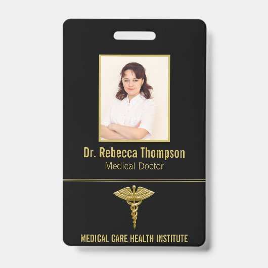 Classy Medical Gold Caduceus auf Black Foto ID Ausweis (Vorderseite)