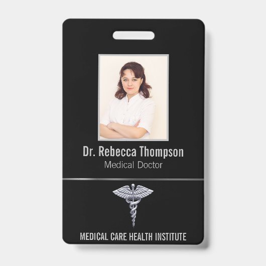 Classy Medical Silver Caduceus auf Black Foto ID Ausweis (Vorderseite)