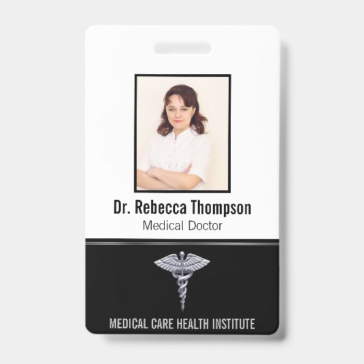Classy Medical Silver Caduceus auf Black Foto ID Ausweis (Vorderseite)