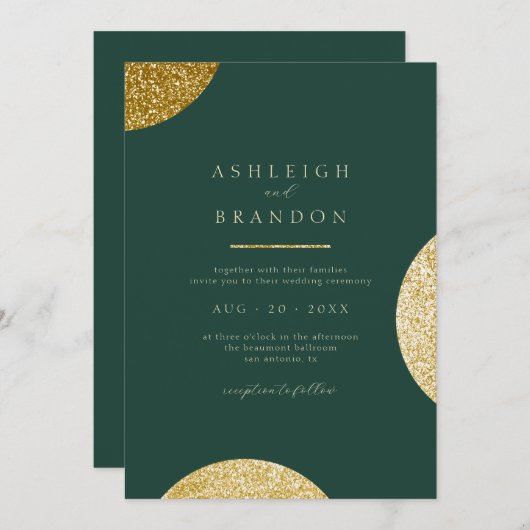 Classy Minimalistisch Emerald Green & Gold Wedding Einladung (Vorne/Hinten)