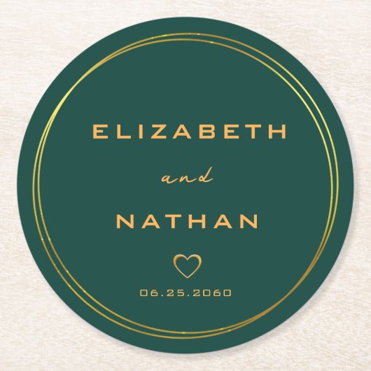 Classy Minimalistisch Emerald Green & Gold Wedding Runder Pappuntersetzer (Vorderseite)