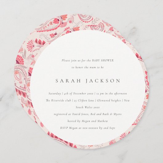 Classy Modern Blush Paisley Typografie Baby Shower Einladung (Vorne/Hinten)