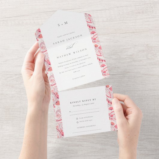 Classy Modern Blush Paisley Typografy Wedding All In One Einladung (Abreißen)