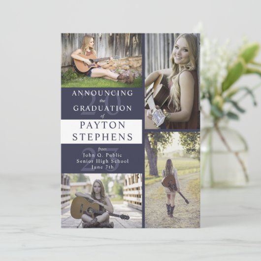 Classy Modern Dark Blue Foto Abschluss Ankündigung (Stehend Vorderseite)