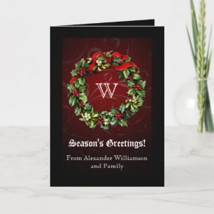 Classy Monogram Holly Wreath Holiday Card Feiertagskarte
