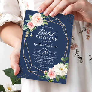 Classy Navy Blue Blush Pink Floral Brautparty Einladung