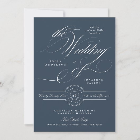 Classy Navy Blue Elegant Calligraphy Wedding Einladung (Vorderseite)