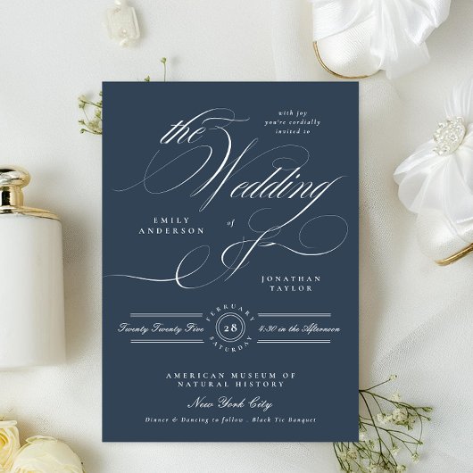 Classy Navy Blue Elegant Calligraphy Wedding Einladung