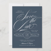Classy Navy Blue Elegante Calligraphy Foto Save The Date (Vorderseite)