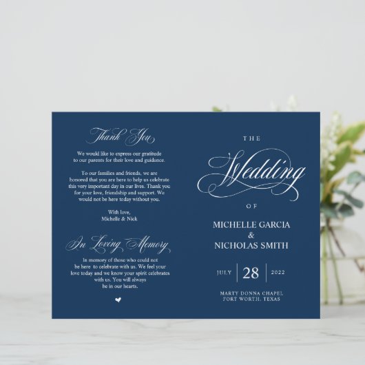 Classy Navy Blue, Foldable Wedding Program (Stehend Vorderseite)