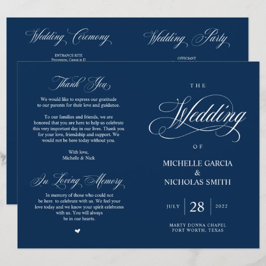 Classy Navy Blue, Foldable Wedding Program (Vorne/Hinten)