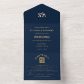Classy Navy Blue Gold Monogram QR Code Hochzeit All In One Einladung (Innen Boden)