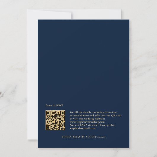 Classy Navy Blue Gold Monogram QR Code Hochzeit Einladung (Rückseite)