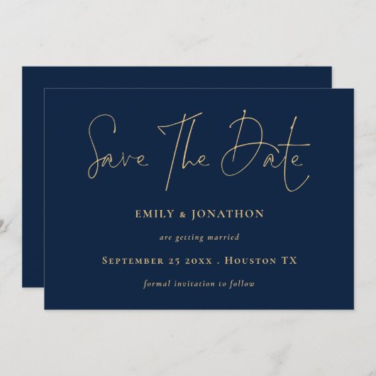 Classy Navy Blue Gold Script Save The Date (Vorne/Hinten)