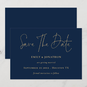 Classy Navy Blue Gold Script Save The Date