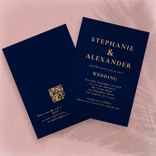 Classy Navy Blue Gold Text QR Code Hochzeit Einladung