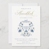 Classy Navy Blue Hanukkah Floral Party Einladung (Vorderseite)