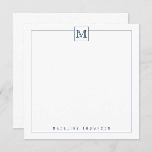 Classy Navy Blue Initial Monogram Square Grenze Mitteilungskarte (Vorne/Hinten)