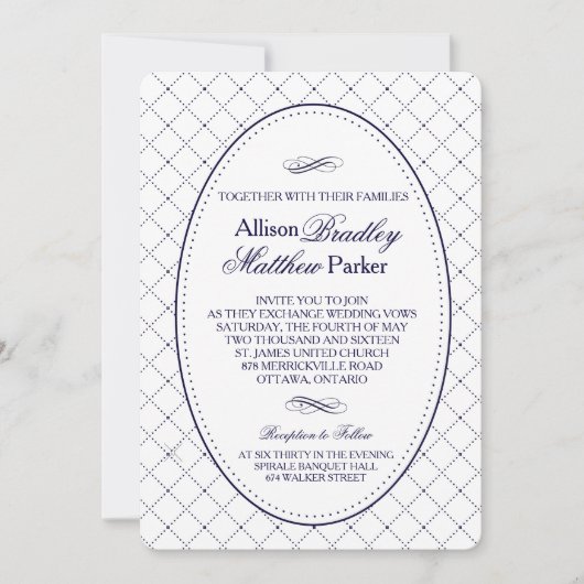 Classy Navy Blue Karo Muster Hochzeit Einladung (Vorderseite)