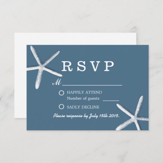 Classy Navy Blue Starfish Beach Hochzeit UAWG RSVP Karte (Vorne/Hinten)