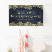Classy Navy Blue und Gold Boho Wirbel Hochzeit Banner (Insitu)