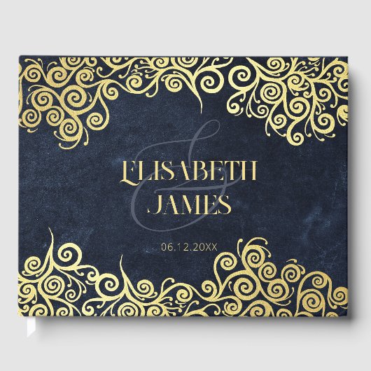 Classy Navy Blue und Gold Boho Wirbel Hochzeit Gästebuch (Vorderseite)