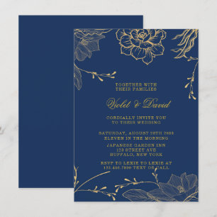 Classy Navy Blue und Gold Florals Wedding Invitati Einladung