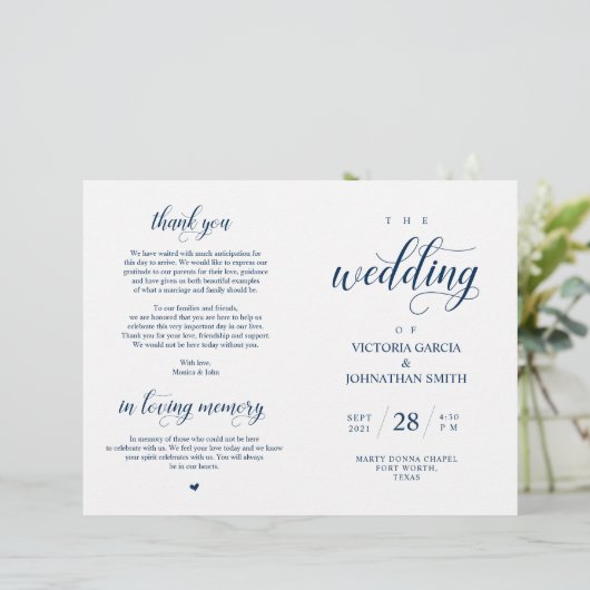 Classy Navy Blue Wedding Zeremony Foldable Program (Stehend Vorderseite)