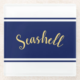 Classy Navy Blue White Stripes "Seashell" Script Glasuntersetzer