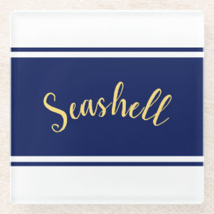 Classy Navy Blue White Stripes "Seashell" Script Glasuntersetzer
