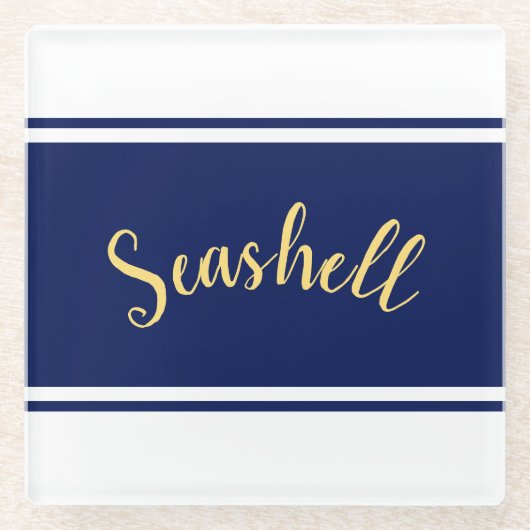 Classy Navy Blue White Stripes "Seashell" Script Glasuntersetzer (Vorderseite)