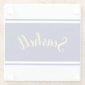 Classy Navy Blue White Stripes "Seashell" Script Glasuntersetzer (Rückseite)