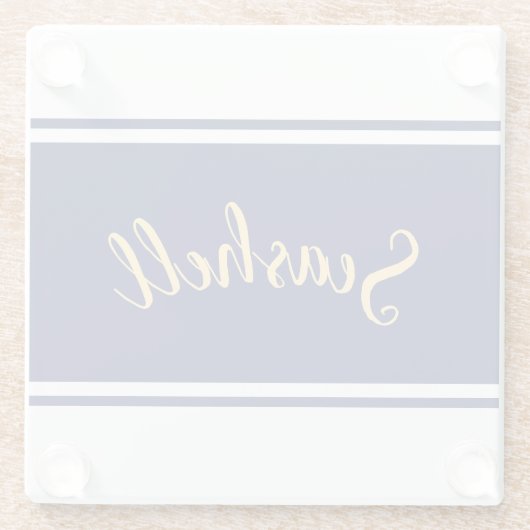 Classy Navy Blue White Stripes "Seashell" Script Glasuntersetzer (Rückseite)