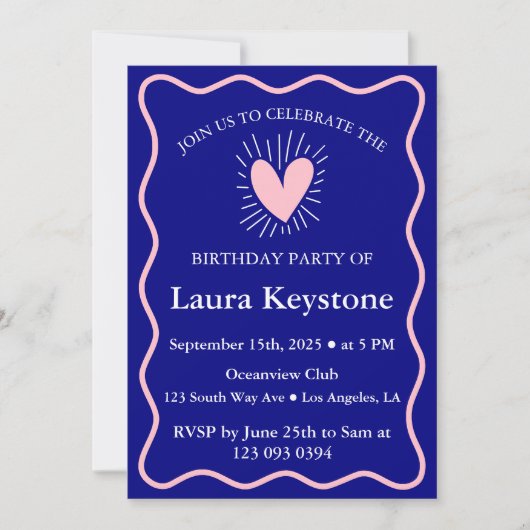 Classy Navy & Blush Pink Wavy Border Einladung (Vorderseite)