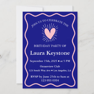 Classy Navy & Blush Pink Wavy Border Einladung