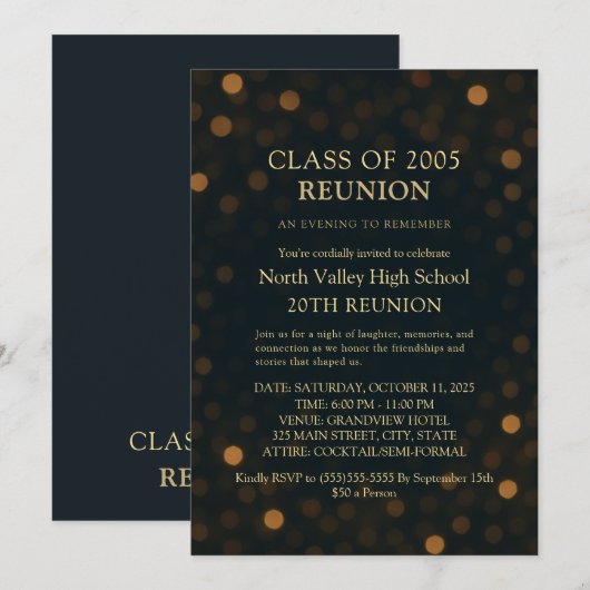 Classy Navy Gold 20th Class Reunion Invitation Einladung (Vorne/Hinten)