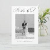 Classy Old Money Script Black White Photo Wedding Dankeskarte (Stehend Vorderseite)