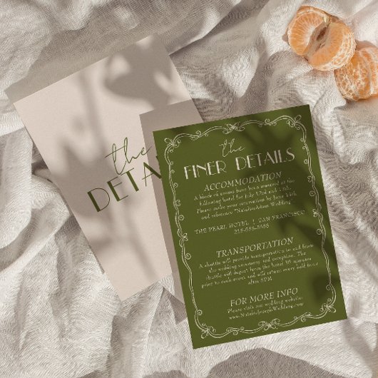 Classy Olive Green Ivory Old Money Wedding Details Begleitkarte