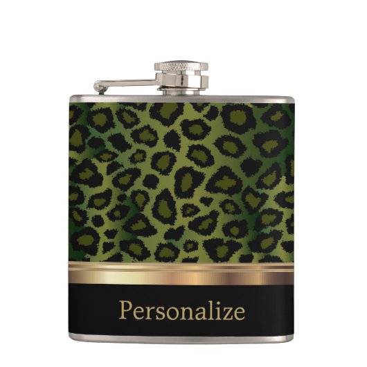 Classy Olive Green Leopard Animal Print Flachmann (Vorderseite)